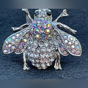 Crystal Rhinestone Shimmer Iridescent Honey Bee Bumblebee Silver Statement Ring